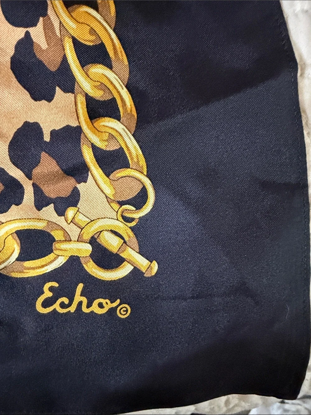 Echo Leopard & Chain Print Satin Scarf - Black, Tan & Gold